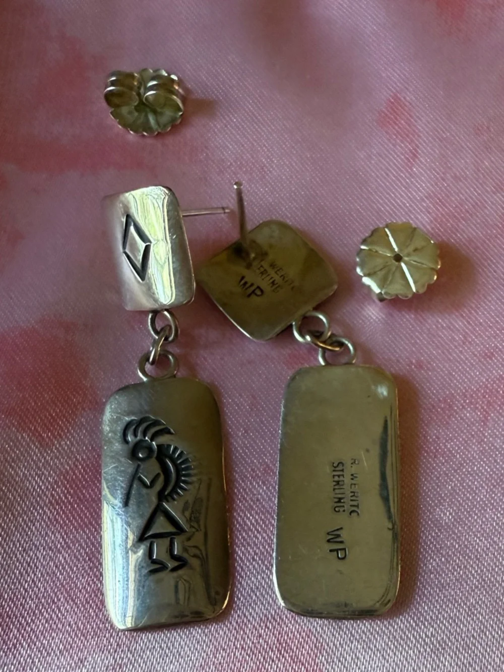 Vintage Sterling Silver Kokopelli Drop Earrings - Silver